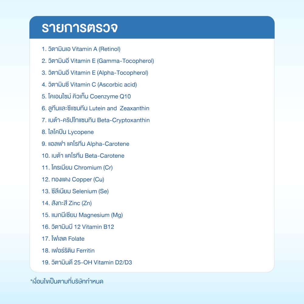แพ็กเกจตรวจระดับวิตามินและกลุ่มแร่ธาตุที่ร่างกายต้องการ 19 รายการ